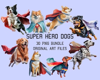 Super Hero Dogs Clip Art, 30 High Quality PNGs, Transparent Background, Watercolor Superhero Dogs PNG, Commercial Use, Digital Art