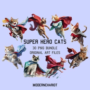 Super Hero Katzen Clip Art, 30 hochwertige PNGs, transparenter Hintergrund, Aquarell Superhelden Katzen PNG, kommerzielle Nutzung, digitale Kunst