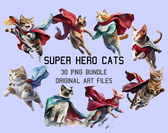 Super Hero Katzen Clip Art, 30 hochwertige PNGs, transparenter Hintergrund, Aquarell Superhelden Katzen PNG, kommerzielle Nutzung, digitale Kunst
