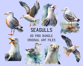 Seagulls Clip Art, 20 High Quality PNGs, Transparent Background, Watercolor Seagulls PNG, Commercial Use, Digital Art