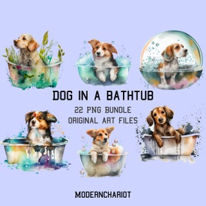 Dog In A Bathtub Clip Art, 22 High Quality PNGs, Transparent Background, Watercolor Dog In A Bathtub PNG, Commercial Use, Digital Art