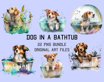 Puede incluir: Conjunto de arte en acuarela con seis razas de perros diferentes en bañeras. La imagen incluye el texto "DOG IN A BATHTUB" y "22 PNG BUNDLE ORIGINAL ART FILES". Los perros están rodeados de burbujas y agua, con un logotipo de "MODERNCHARIOT" en la parte inferior.