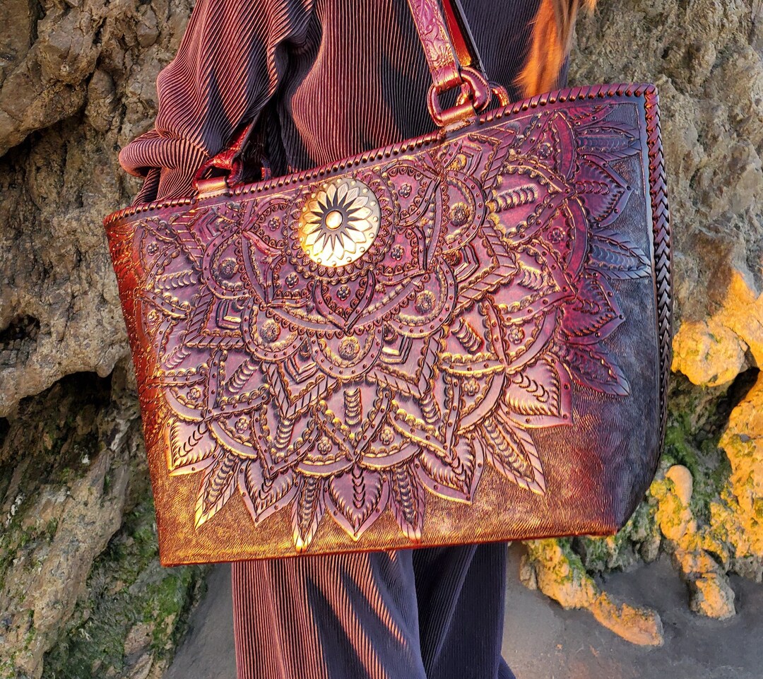 Floral Leather Mia Tote Bag, Handtooled Leather Purse, Leather Tote