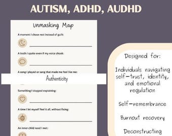 Schede di lavoro per lo smascheramento neurodivergente per autismo, ADHD, AuDHD / Pacchetto stampabile di mappa di guarigione + checklist