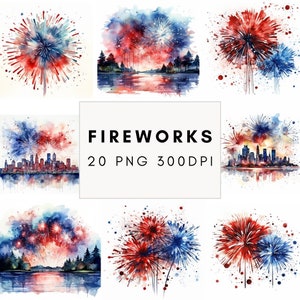 Clipart de fogos de artifício em aquarela, fogos de artifício patrióticos, fogos de artifício em aquarela, clipart do Dia da Independência, 20 unidades 300 DPI PNG para uso comercial