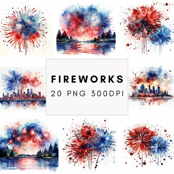 Watercolor Fireworks Clipart, Patriotic Fireworks, Watercolor Firework, Independence Day Clipart, 20pc 300 DPI PNG For Commercial Use