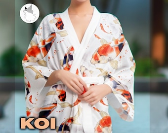 Kimono Robe White Koi Fish Ladies Dress Traditional Style Japanese Kimono cute gift for wife yukata Asian koi pattern Japanese kimono