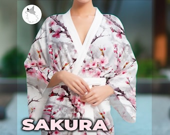Kimono Robe Pink Sakura flower Ladies Dress Traditional Style Japanese Kimono cute gift for wife yukata floral pattern japanese kimono
