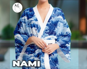 Kimono Robe Blue Seigaiha Waves, Ladies Dress Traditional Style Japanese Kimono cute gift for wife yukata Waves pattern japanese kimono