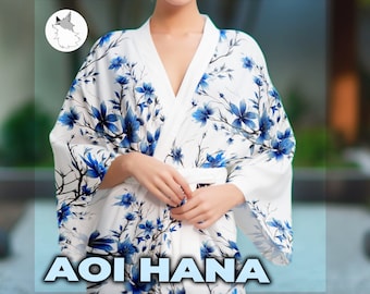 Kimono Robe Blue Bluestar flower Ladies Dress Traditional Style Japanese Kimono cute gift for wife yukata floral pattern japanese kimono