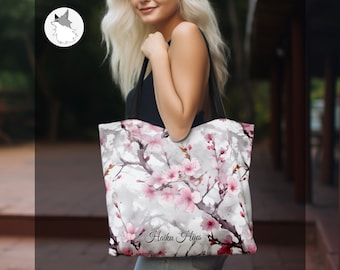 Vintage Floral Shoulder Bag, Pink Floral Tote Bag, Japanese Sakura Flower Tote Bag, Grocery Bag, School Bag, Casual Bag, Cute Gift For Her