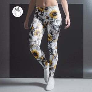 Flower leggings for women, yellow leggings, sunflower leggings, floral pattern leggings, elastic girls leggings, yellow leggings for her image 1