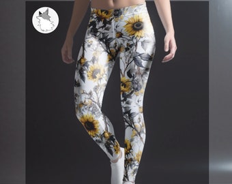 Leggings a fiori per donna, leggings gialli, leggings girasole, leggings a fantasia floreale, leggings elasticizzati per ragazze, leggings gialli per lei