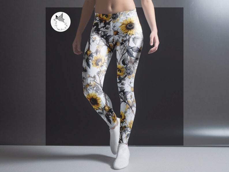 Flower leggings for women, yellow leggings, sunflower leggings, floral pattern leggings, elastic girls leggings, yellow leggings for her image 1