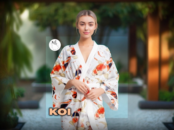 Kimono Robe White Koi Fish Ladies Dress Traditional Style Japanese Kimono cute gift for wife yukata Asian Koi pattern Japanese Kimono