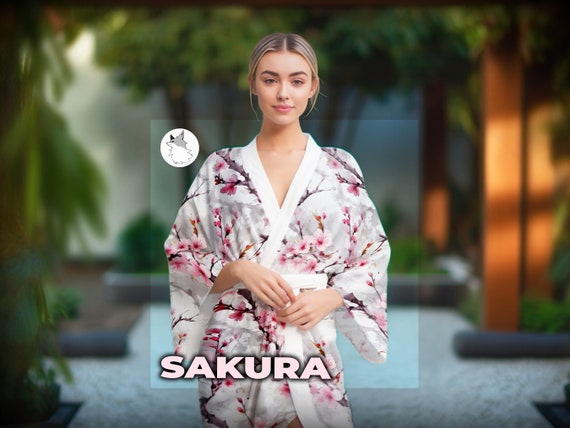 Kimono Robe Pink Sakura Flower Ladies Dress Traditional Style Japanese Kimono Cute Gift for Wife Yukata Floral Pattern Japanese Kimono