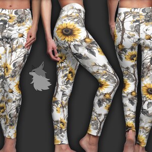 Flower leggings for women, yellow leggings, sunflower leggings, floral pattern leggings, elastic girls leggings, yellow leggings for her image 4