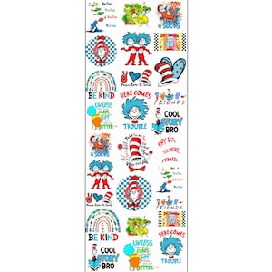 May include: A set of 20 digital designs featuring the Cat in the Hat from Dr. Seuss. The designs include various quotes from the book, such as "Be Kind", "Here Comes Trouble", and "Cool Story Bro". The designs are perfect for creating t-shirts, mugs, tote bags, and other crafts.