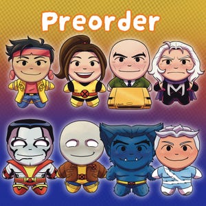 May include: A digital illustration featuring eight chibi-style characters arranged in two rows, with the word Preorder at the top. The characters display various outfits, hair colors, and expressions, including a blue furry creature and a bald figure.