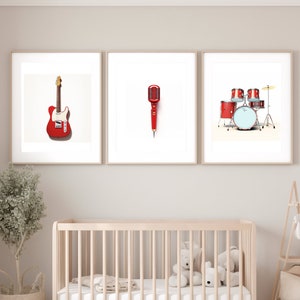 Nursery Decor red musical instruments, set of 3 prints, PRINTABLE wall art, Kids room, guitar, drums, microphone, DIGITAL DOWNLOAD
