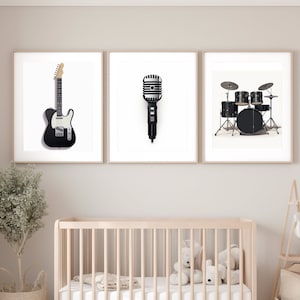 Nursery Decor musical instruments, black, set of 3 prints, PRINTABLE wall art, Kids room, guitar, drums, microphone, DIGITAL DOWNLOAD