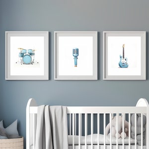 Nursery Decor musical instruments, set of 3 prints, PRINTABLE wall art, Kids room, guitar, drums, microphone, DIGITAL DOWNLOAD