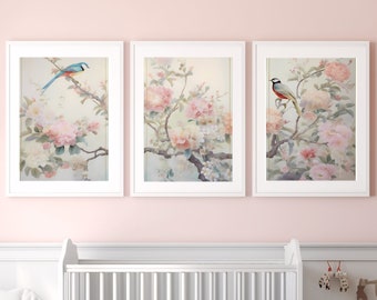Chinoiserie Floral Triptych: Pastel Bird & Flower Art (Digital Download)