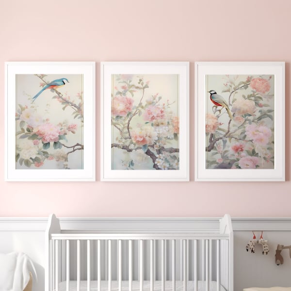 Floral decor artwork, triptych, set of 3 prints, 24x36 inches, PRINTABLE wall art, pastels, chinoiserie, DIGITAL DOWNLOAD, birds, flowers