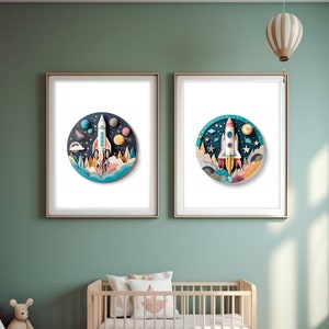 Rocket Ship Nursery Prints: Set of 2, Space Theme (Digital Download)