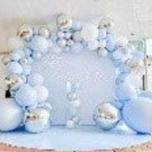 May include: A light blue balloon arch with silver and white balloons. The arch is decorated with white flowers and greenery.