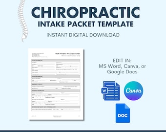 Pode incluir: Um modelo de pacote de admissão para novos pacientes de quiropraxia, imprimível. O modelo foi projetado para ser editado no Microsoft Word, Canva ou Google Docs. O modelo inclui seções para informações do paciente, contato de emergência, informações de seguro e muito mais. O modelo está disponível para download digital instantâneo.