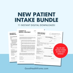 Op de afbeelding: Een set van drie printbare formulieren voor nieuwe patiënten, waaronder een formulier voor het vrijgeven van informatie, een formulier voor toestemming voor medische behandeling en een formulier voor de registratie van nieuwe patiënten. De formulieren zijn ontworpen om te worden gebruikt door zorgverleners om informatie te verzamelen van nieuwe patiënten. De formulieren zijn beschikbaar als directe digitale downloads.