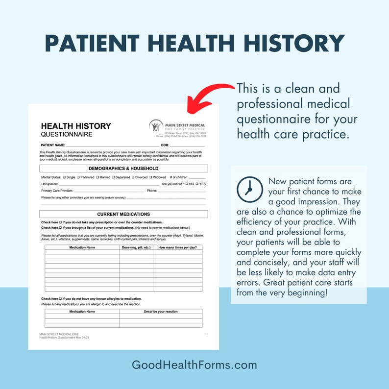 Patient Health History Template for Health Care Office Printable