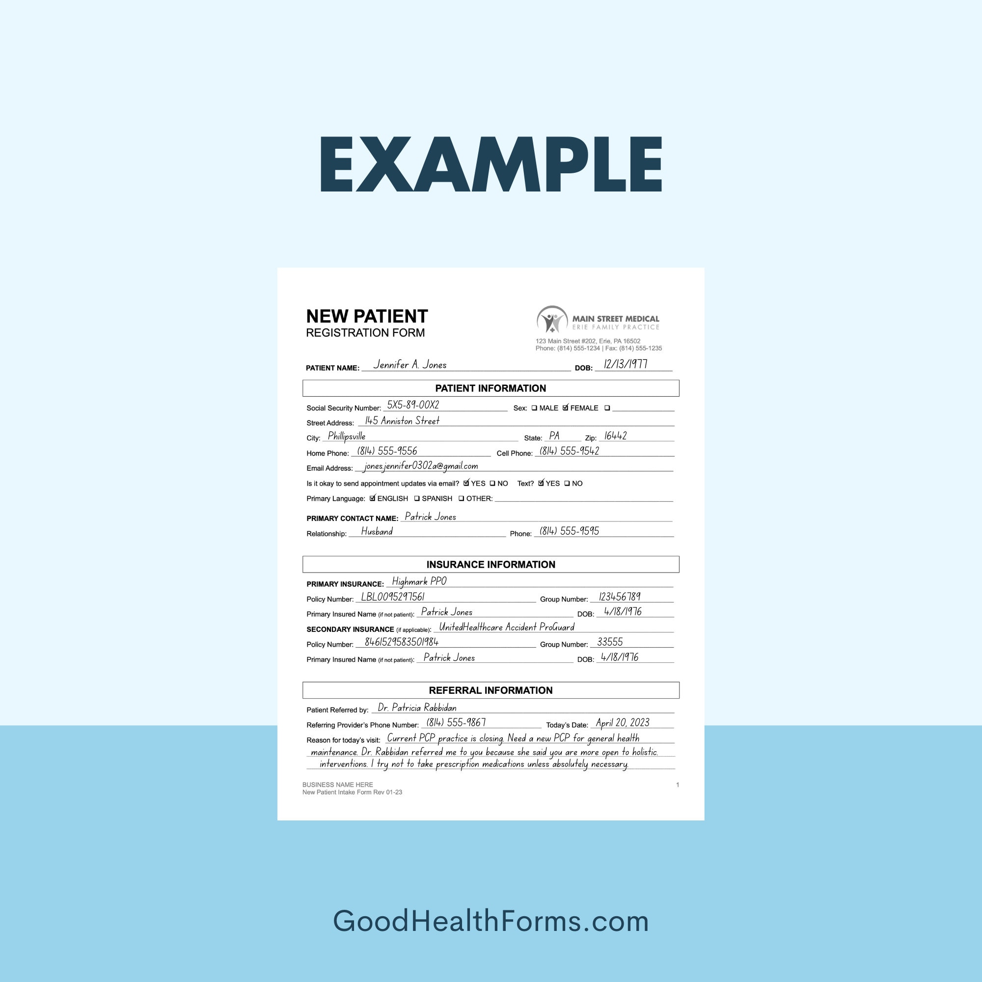 New Patient Registration Form Template for Health Care Office Printable ...