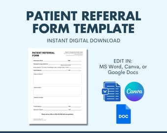 Patient Referral Form Template for Medical or Health Care Office Printable Digital Download Doctor Referral MS Word, Google Docs, Canva