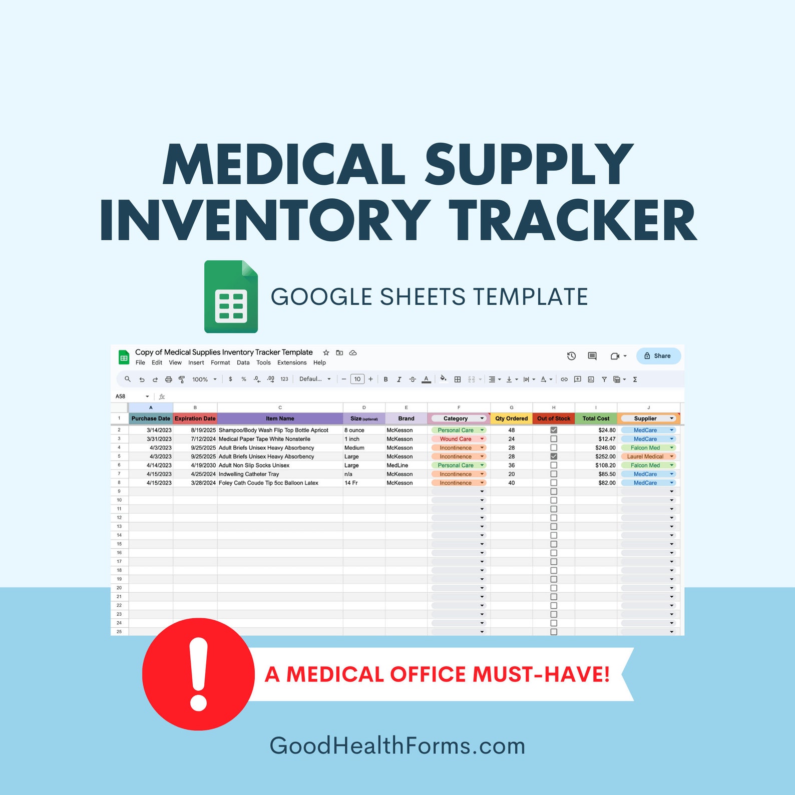 Medical Supply Inventory Tracker Digital Template Google Sheets - Etsy