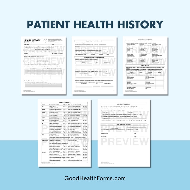 Patient Health History Template for Health Care Office Printable