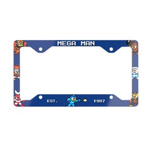 Retro Gaming License Plate Frame, Mega Man Metal Car Tag Holder, 8-Bit Gamer Gift, Robot Masters Auto Accessory, Video Game Fan Plate