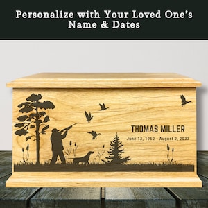 Custom Duck Hunter Cremation Urn: Engraved Wood Waterfowl Scene