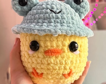 Crochet Duck Plushie with Frog Hat - Handmade Soft Toy