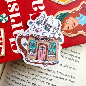 Cozy Winter Bookstore Mug Holographic Sticker | Bookish Stickers, Bookish Decal, BookTok Sticker, Bookish Merch, Christmas Reading Sticker