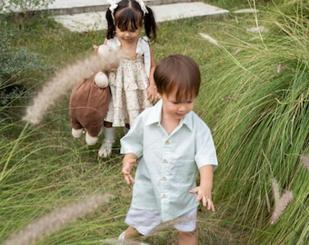 Grid Green Cotton Boy Dress Shirt, Lightweight Classic Top