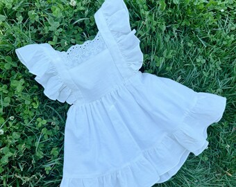 Girls White Cotton Bella Dress, Ruffle Strap, Mommy and Me Matching
