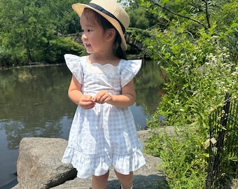 Matching Mommy and Me Blue Gingham Dress, Lace Trimmed