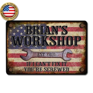 NEXT DAY SHIP Custom Metal Sign, Gift for Him, Gifts for Dad, Father&#39;s Day Gift, Custom Garage Sign, Workshop Sign, Garage Decor, Metal gif