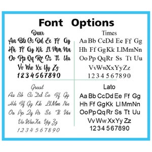 May include: A graphic showing four different font options: Dear, Times, Great, and Lato. Each font is displayed with the alphabet in lowercase and uppercase, as well as the numbers 1 through 9 and 0.