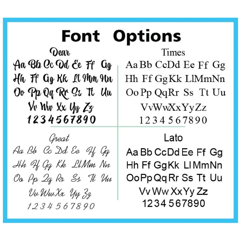 May include: A graphic showing four different font options: Dear, Times, Great, and Lato. Each font is displayed with the alphabet in lowercase and uppercase, as well as the numbers 1 through 9 and 0.