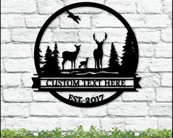 NEXT DAY SHIP Custom Cabin Sign, Deer Metal Sign, Family Name Sign, Outdoor Metal Art, Personalized Deer Art, Rustic Cabin Decor,Custom Wall