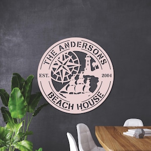 May include: A circular, light pink metal sign with the words "THE ANDERSONS BEACH HOUSE" and "EST. 2004". The design includes a compass rose, lighthouse, palm tree, and a ship. The sign is hanging on a dark gray wall.