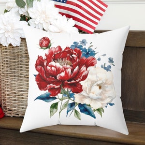 Patriotic Peony Pillows | Patriotic Red White and Blue Flower Pillow | 4th of July Pillow | 4th of July Decor | USA Patriotic Decor | USA